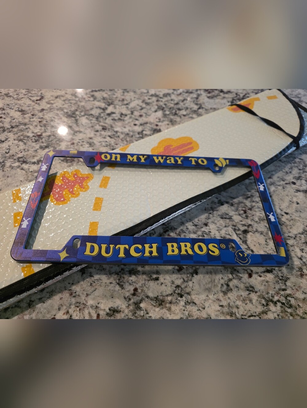 Dutch Bros 'On My Way To' Blue License Plate Frame And Sunshade